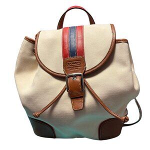 Coach Vtg Beige Canvas Backpack w Blue, Brown, & Red Leather Accents